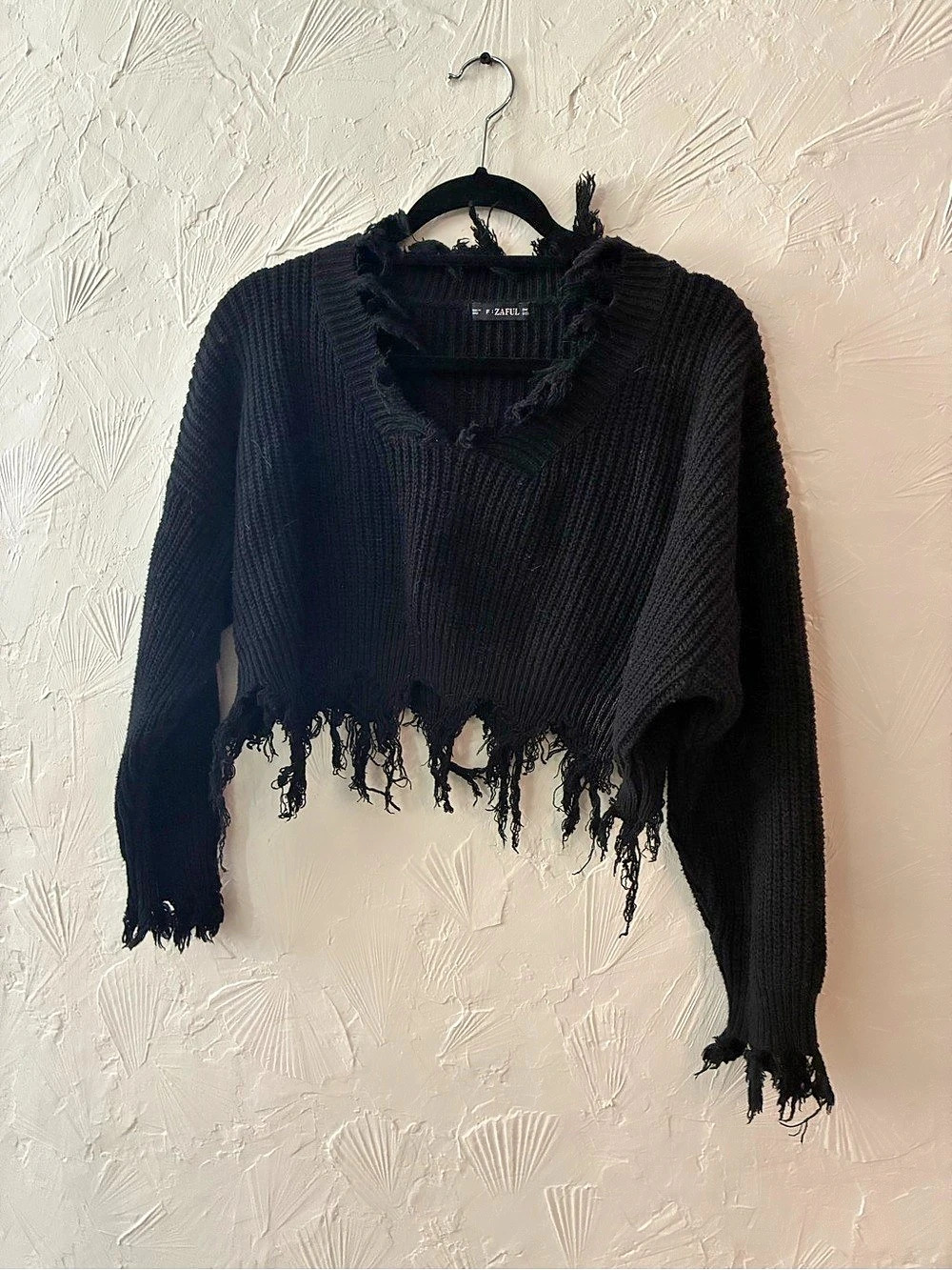 Zaful Black V-Neck Distressed Sweater